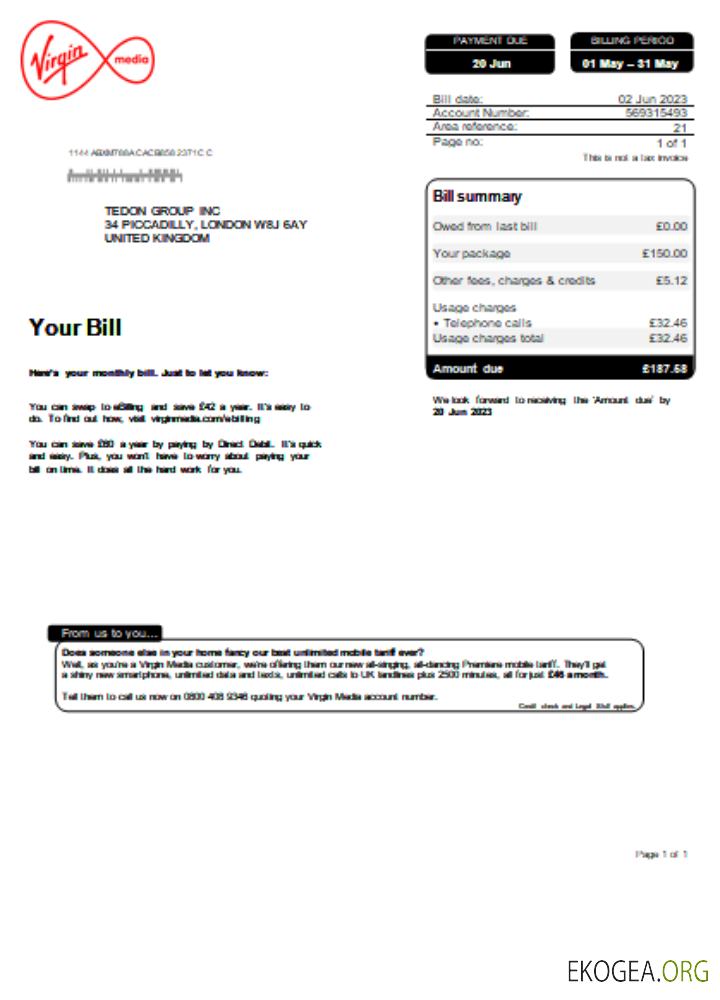 Facture commerciale de services publics de Virgin Media SCR